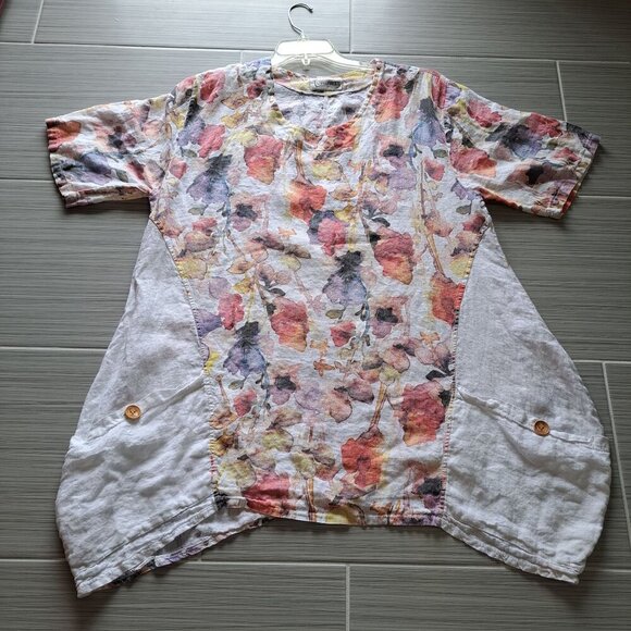 Floral Linen Womens Top By Transparente With Wooden Button Accents Pocket 2XL - Picture 8 of 10